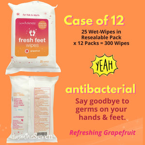 Fresh Feet Wipes - Grapefruit Antibacterial Wet Wipes - 25 Count Travel Pack - Case of 12