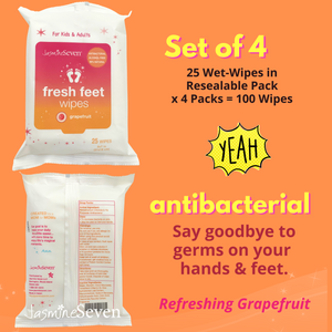 Fresh Feet Wipes - Grapefruit Antibacterial Wet Wipes - 25 Count Travel Pack - Set of 4