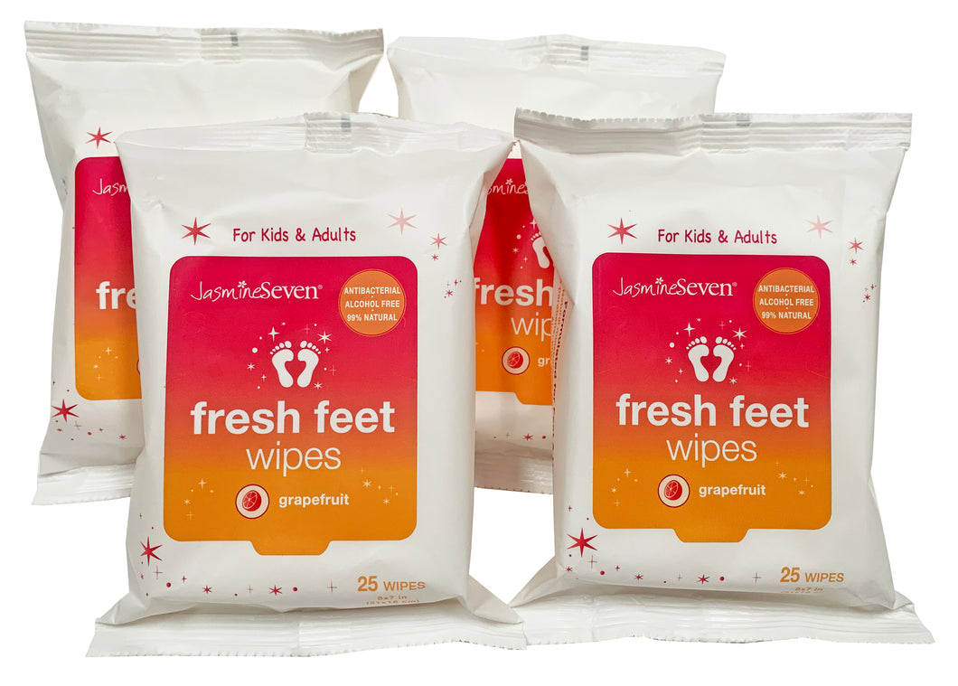 Fresh Feet Wipes - Grapefruit Antibacterial Wet Wipes - 25 Count Travel Pack - Set of 4