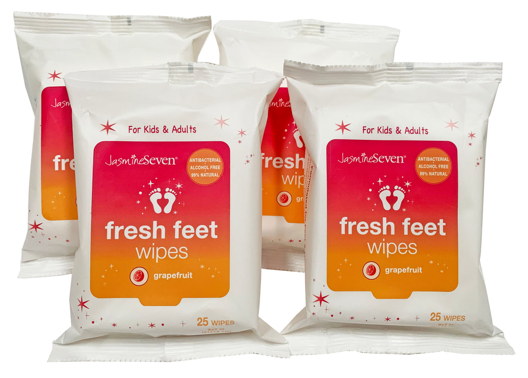 Fresh Feet Wipes - Travel Antibacterial Grapefruit Wet Wipes - 25 Count - Set of 4